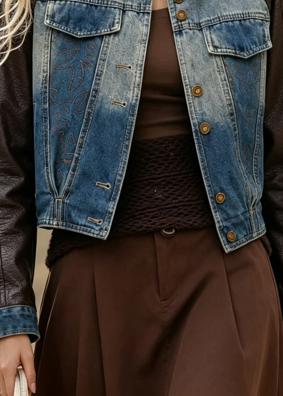 Chic Peter Pan Collar Faux Leather Patchwork Denim Coat Fall