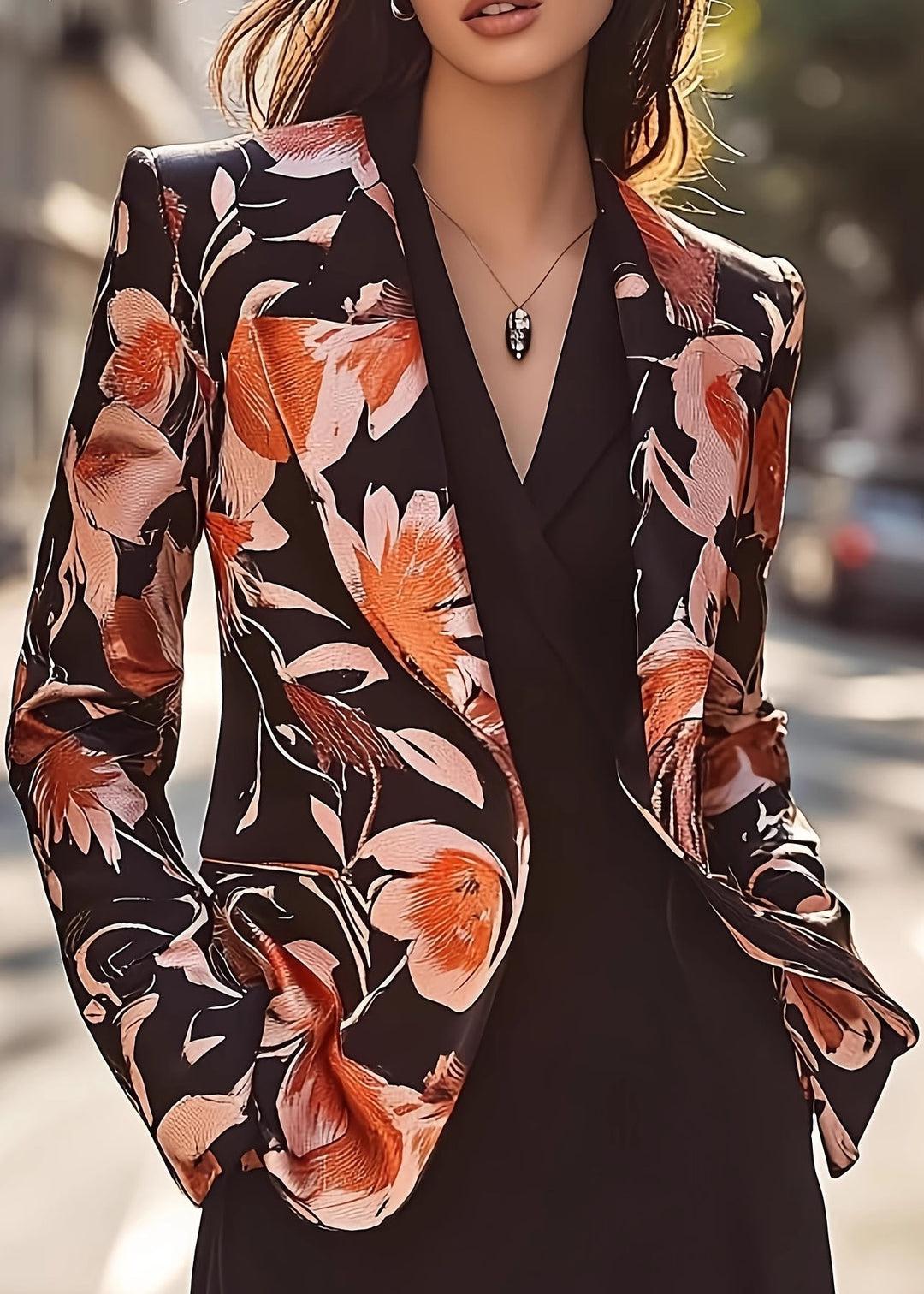 Chic Peter Pan Collar Print Satin Suit Coat Fall