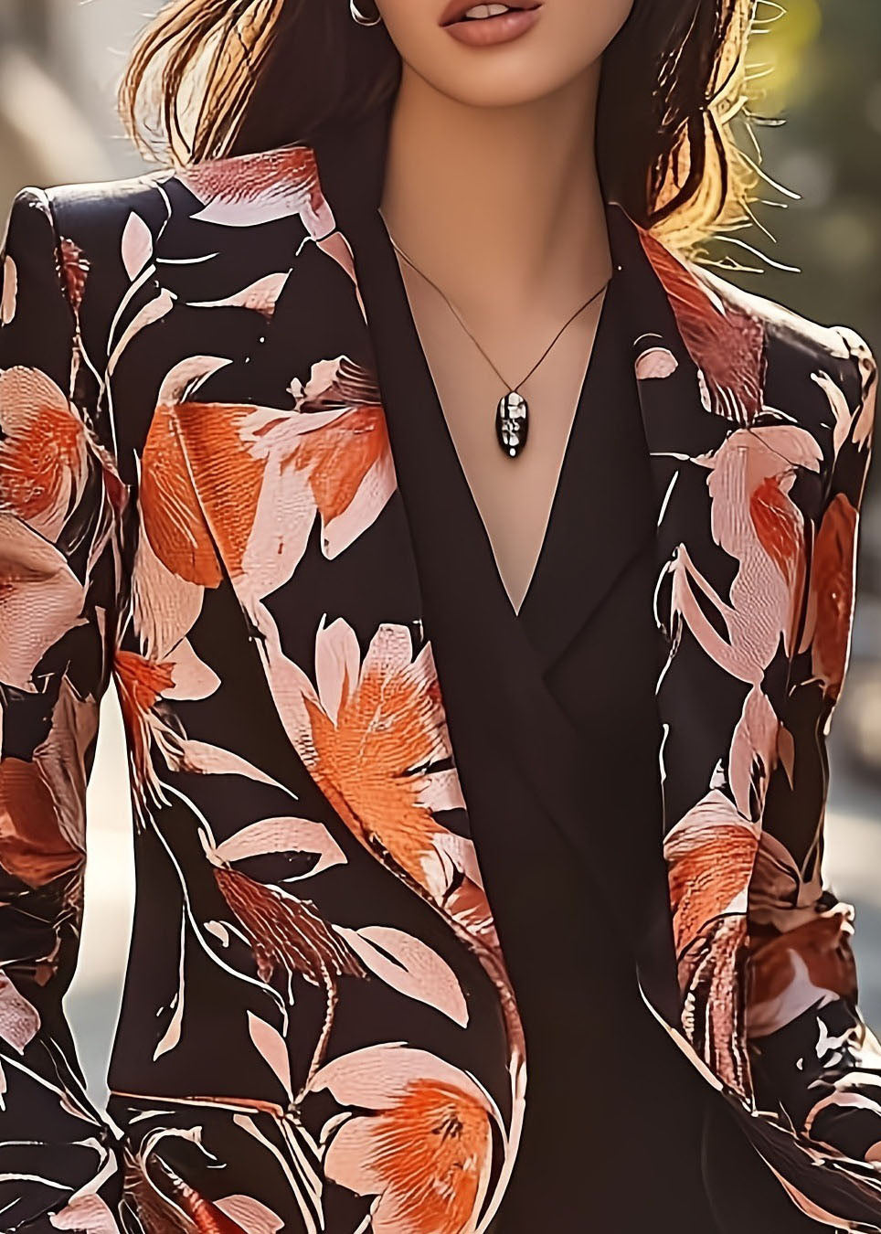 Chic Peter Pan Collar Print Satin Suit Coat Fall