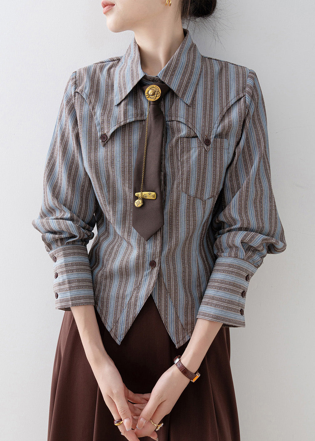 Chic Peter Pan Collar Striped Cotton Shirts Top Spring