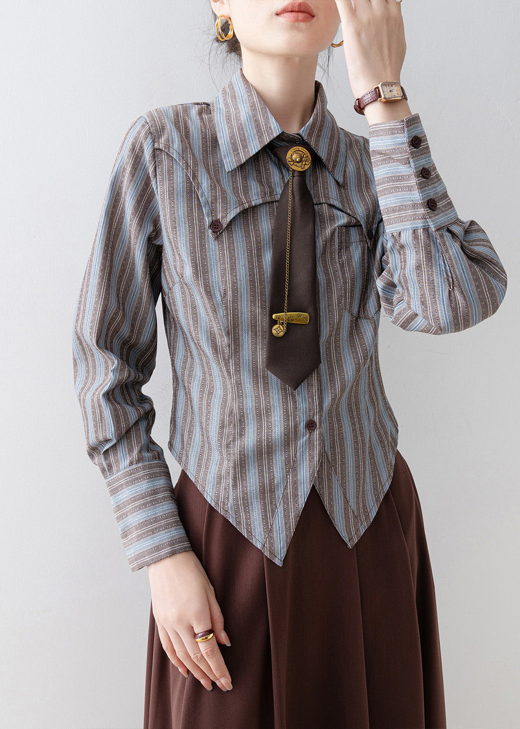 Chic Peter Pan Collar Striped Cotton Shirts Top Spring