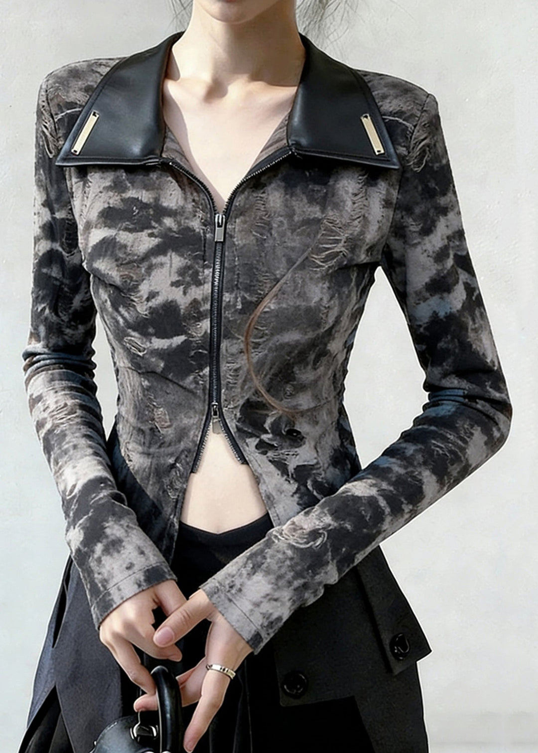 Chic Peter Pan Collar Tie Dye Zippered Faux Leather Patchwork T Shirts Spring