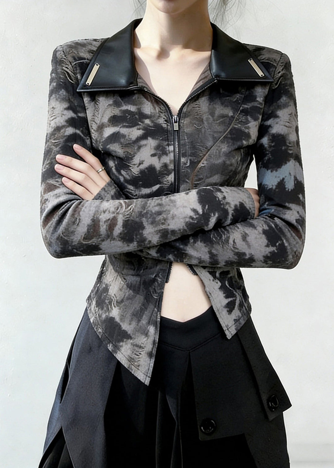 Chic Peter Pan Collar Tie Dye Zippered Faux Leather Patchwork T Shirts Spring