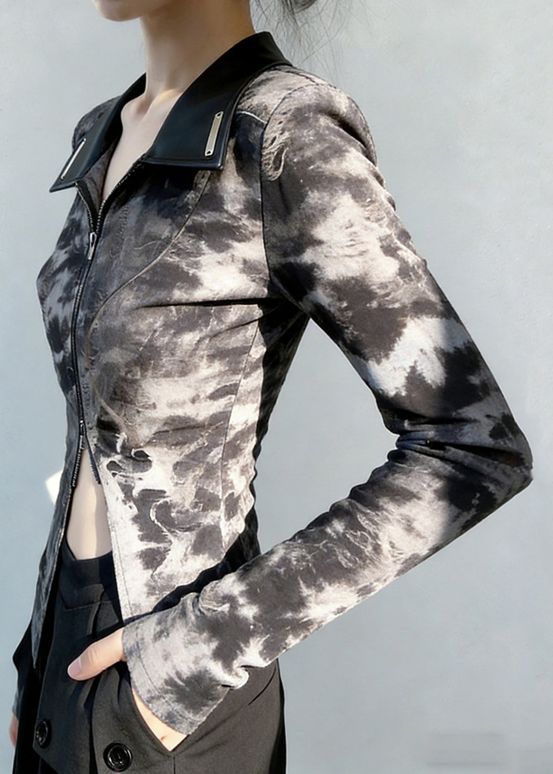 Chic Peter Pan Collar Tie Dye Zippered Faux Leather Patchwork T Shirts Spring