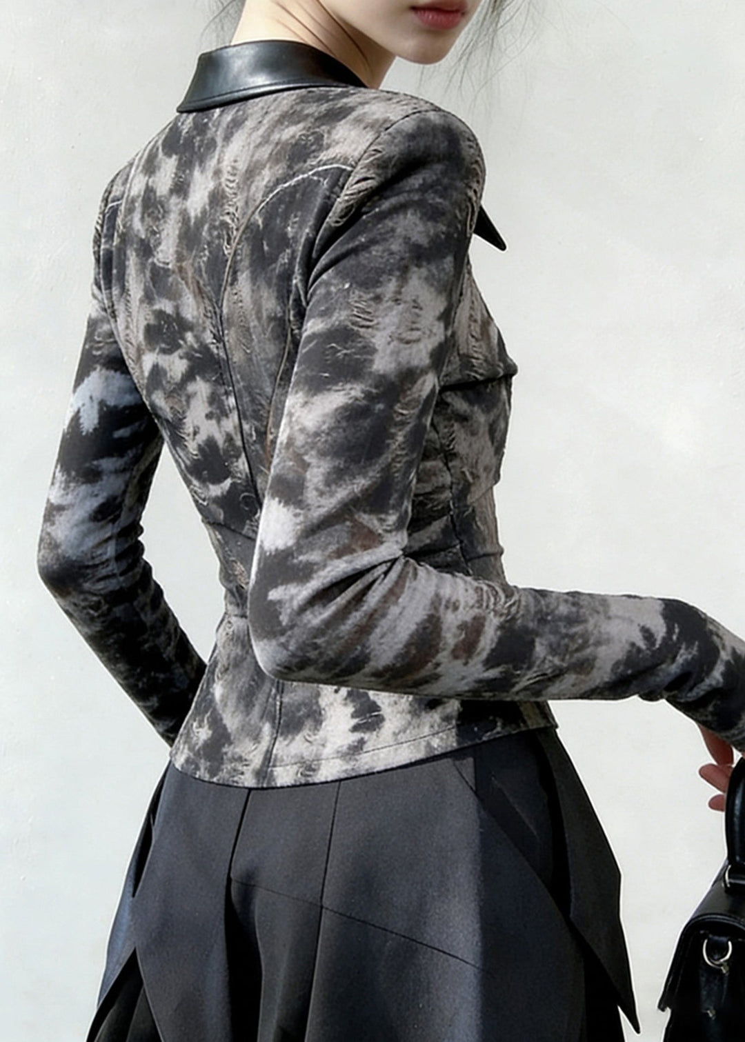 Chic Peter Pan Collar Tie Dye Zippered Faux Leather Patchwork T Shirts Spring