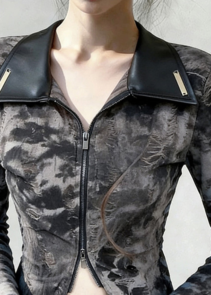 Chic Peter Pan Collar Tie Dye Zippered Faux Leather Patchwork T Shirts Spring