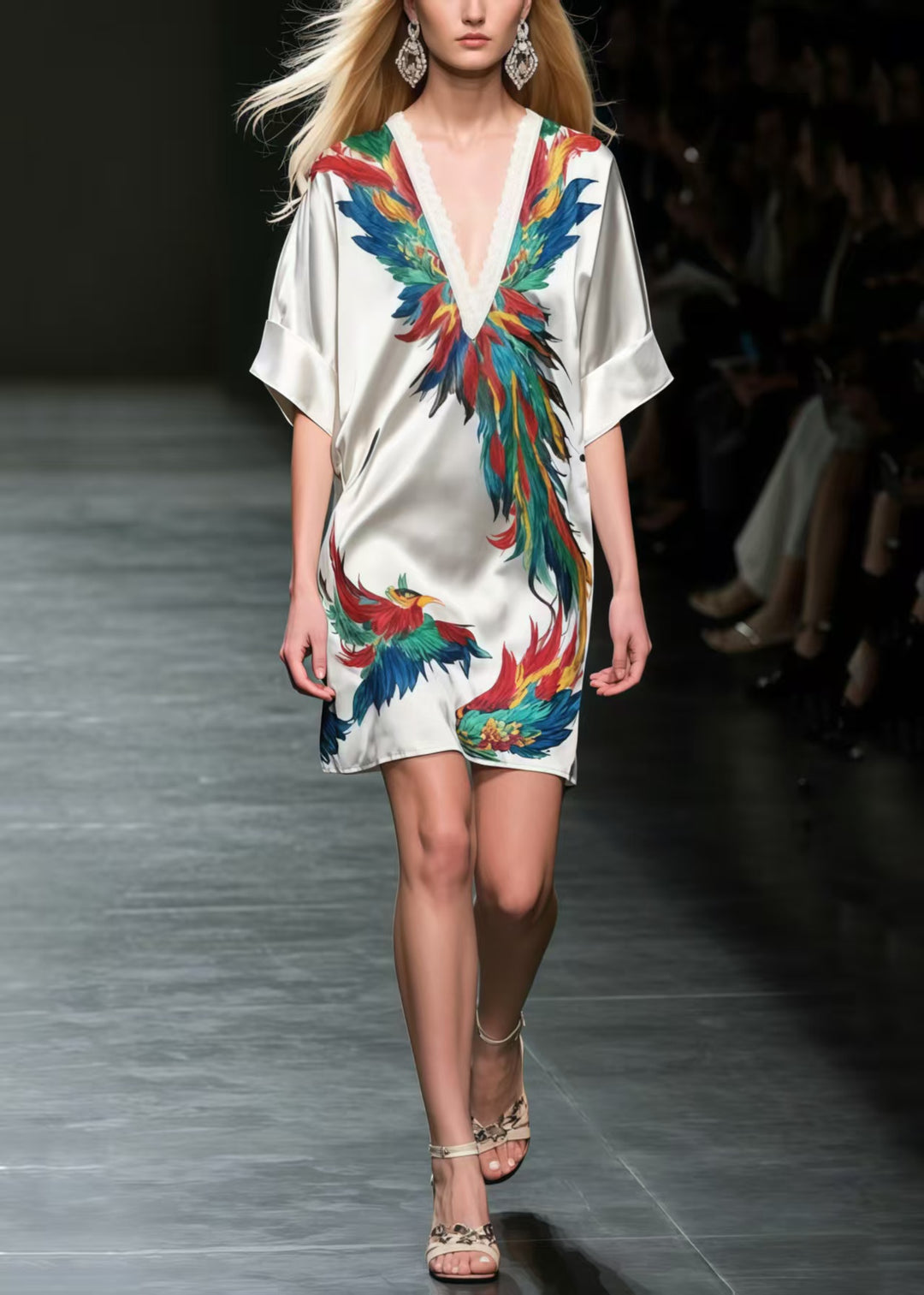 Chic Phoenix Print Silk Mid Dress Summer