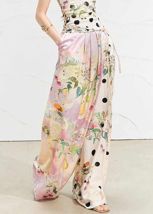 Chic Pink Asymmetrical Print Silk Wide Leg Pants Summer