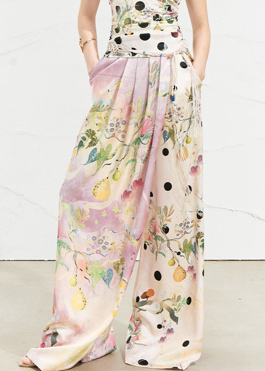 Chic Pink Asymmetrical Print Silk Wide Leg Pants Summer