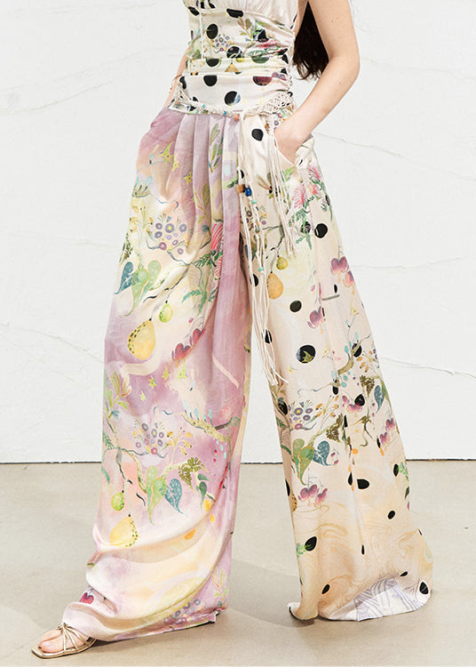 Chic Pink Asymmetrical Print Silk Wide Leg Pants Summer
