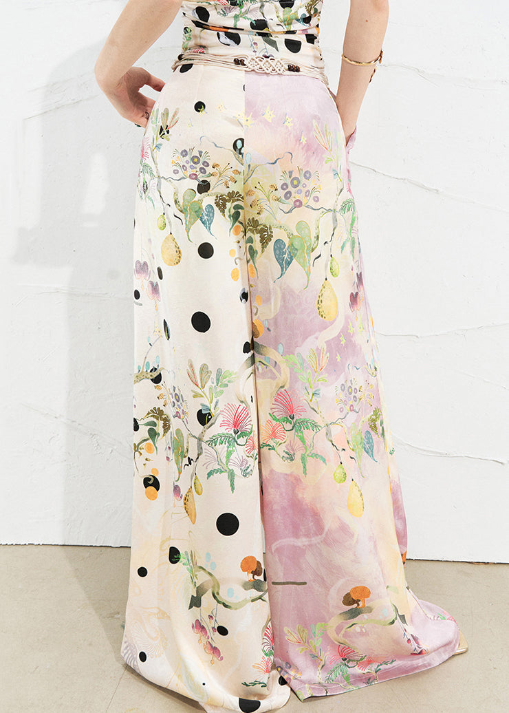 Chic Pink Asymmetrical Print Silk Wide Leg Pants Summer