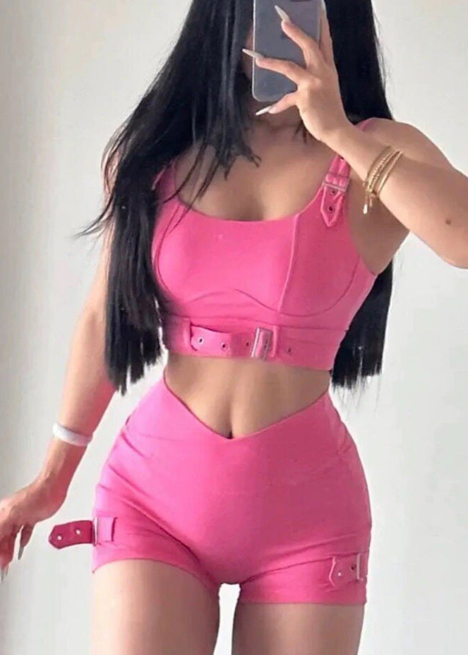 Chic Pink Butt Scrunch Sports Bra And Leggings Set Suit