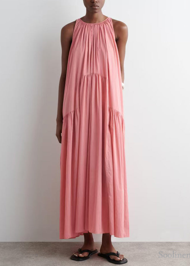 Chic Pink Cold Shoulder Wrinkled Cotton Sundresses Summer