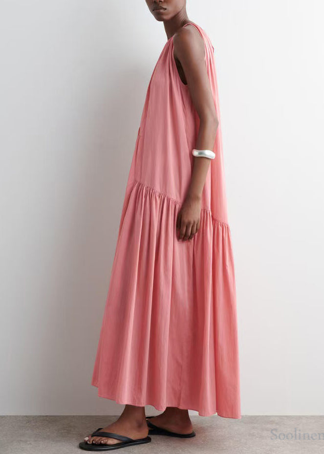 Chic Pink Cold Shoulder Wrinkled Cotton Sundresses Summer