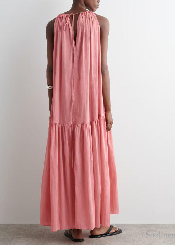 Chic Pink Cold Shoulder Wrinkled Cotton Sundresses Summer