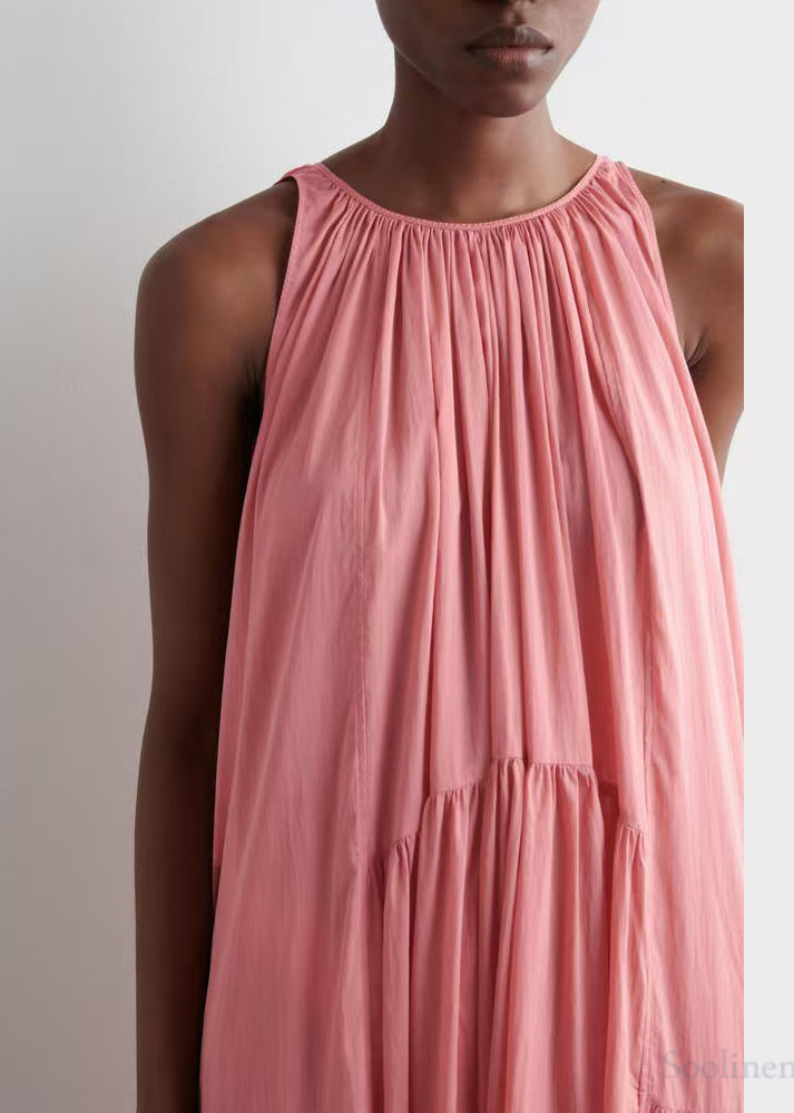 Chic Pink Cold Shoulder Wrinkled Cotton Sundresses Summer