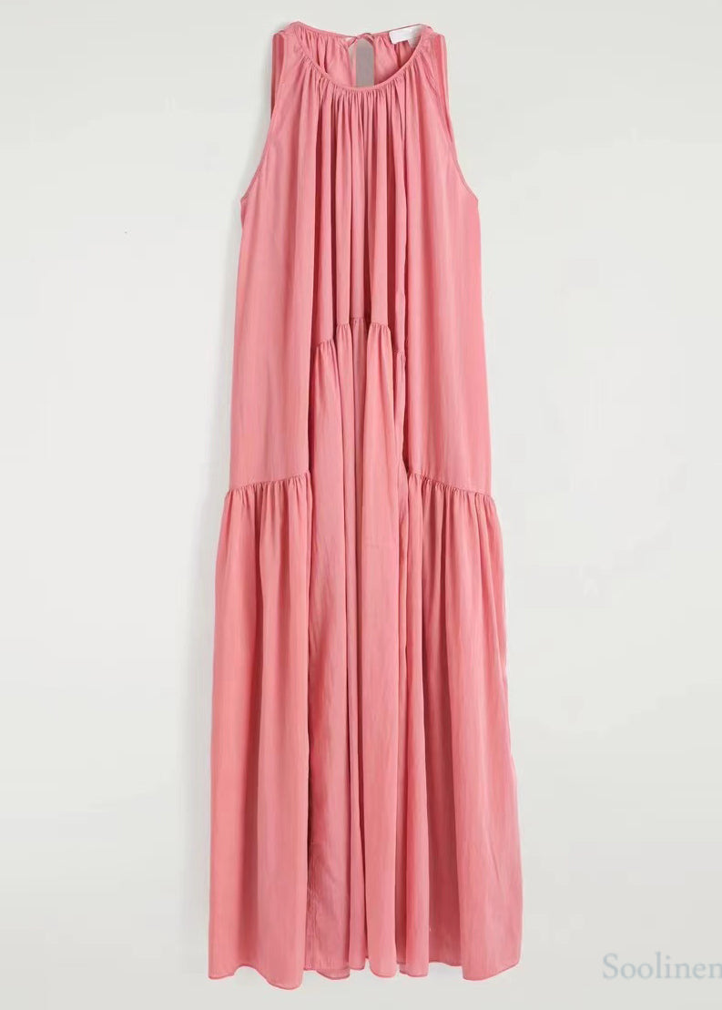 Chic Pink Cold Shoulder Wrinkled Cotton Sundresses Summer