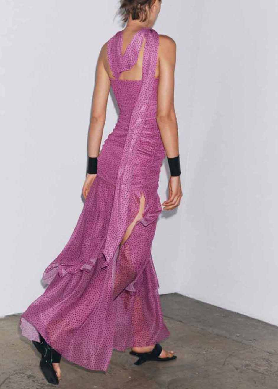 Chic Pink Dot Wrinkled Side Open Tulle Long Dresses Sleeveless
