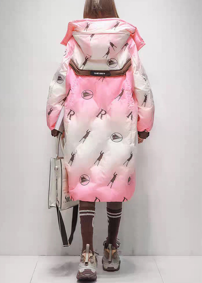 Chic Pink Gradient Color Hooded Zippered Duck Down Long Coats Winter