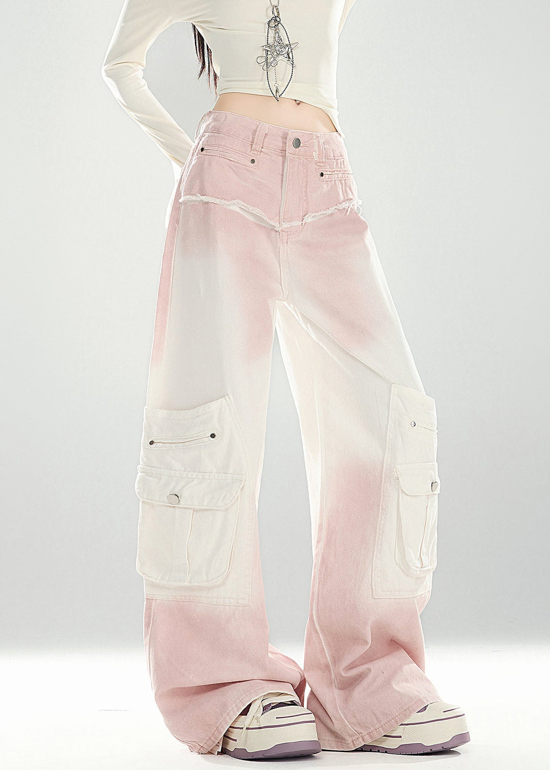 Chic Pink Gradient Color Pockets High Waist Denim Pants Spring
