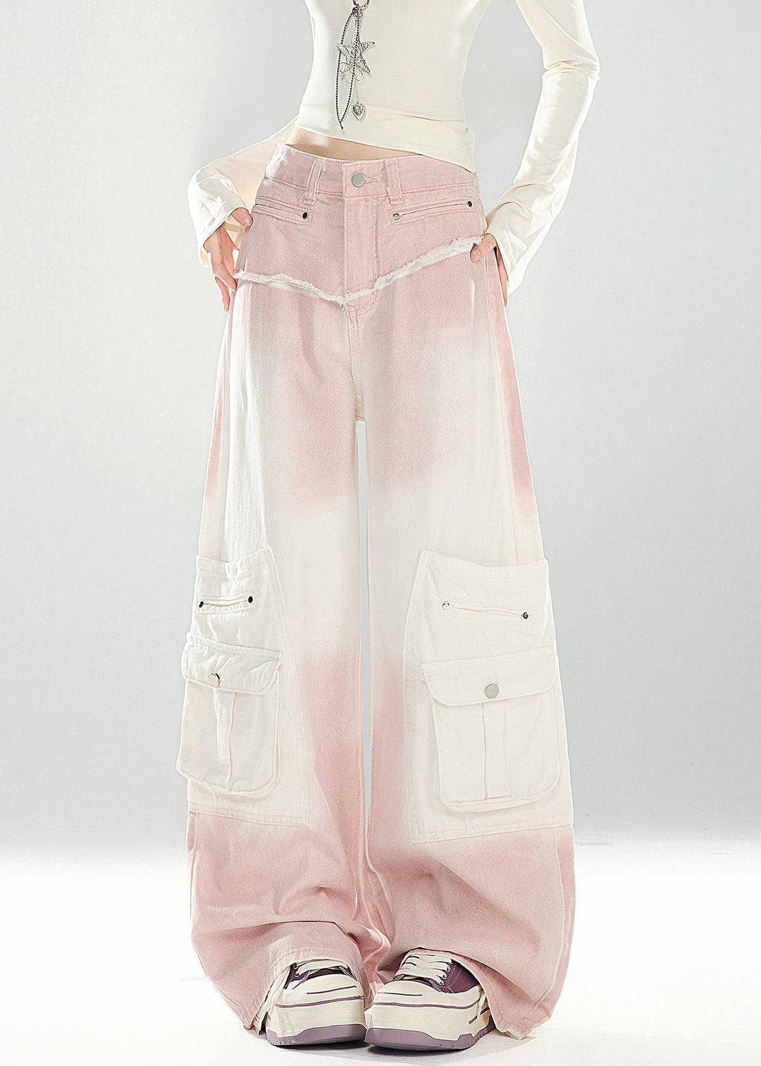 Chic Pink Gradient Color Pockets High Waist Denim Pants Spring