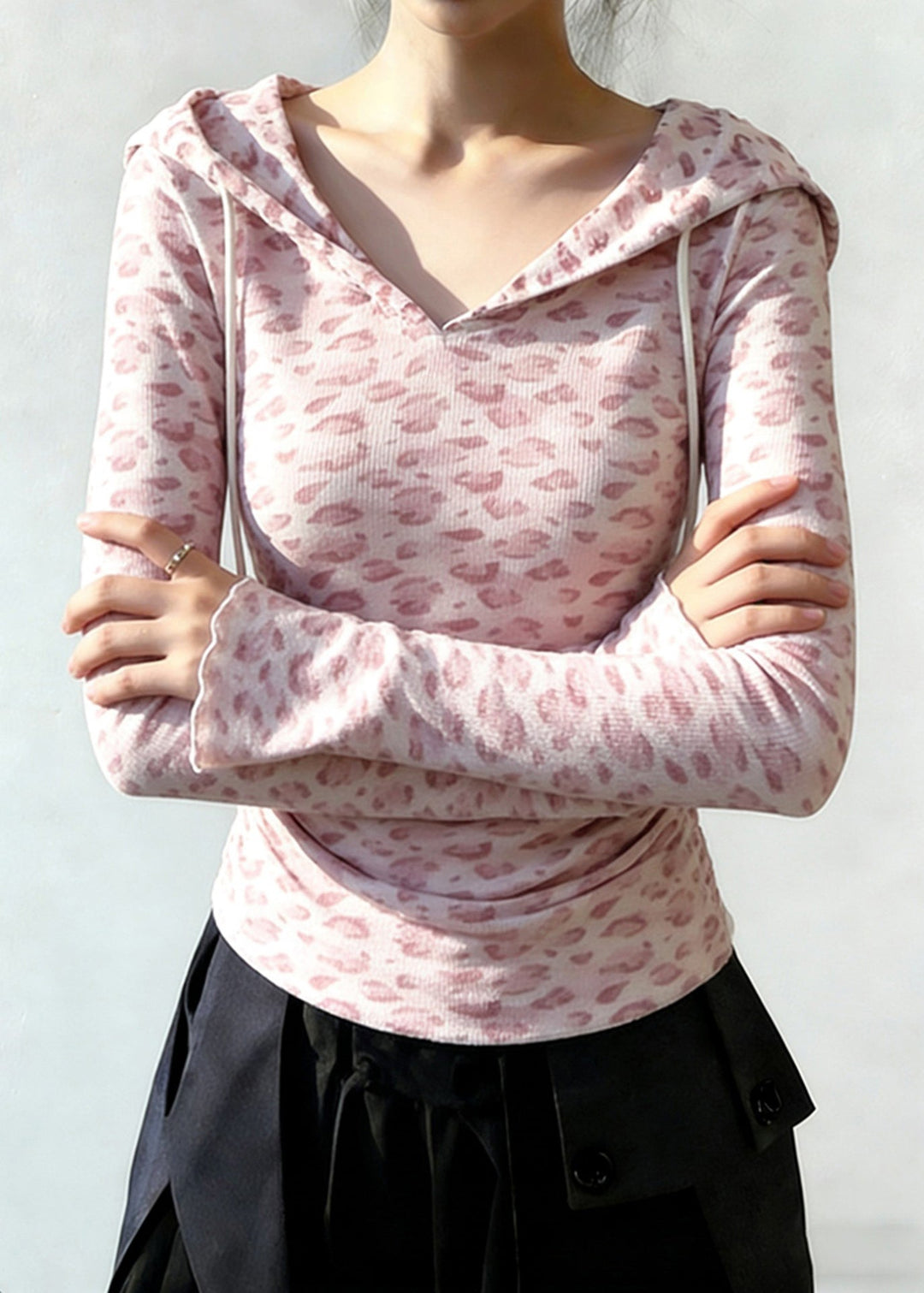 Chic Pink Hooded Leopard Print Cotton Sweatshirt Tops Spring