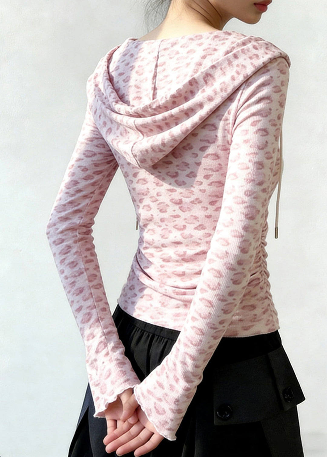 Chic Pink Hooded Leopard Print Cotton Sweatshirt Tops Spring