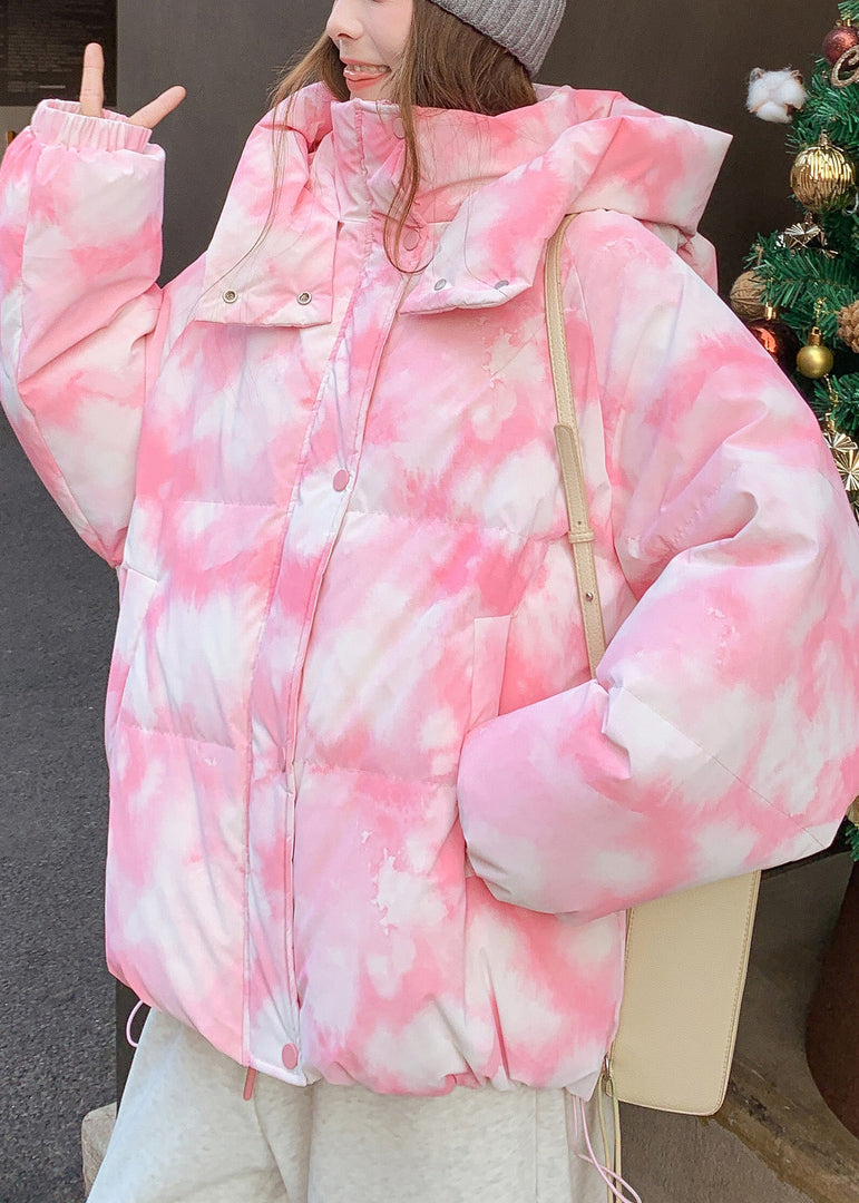 Chic Pink Hooded Tie Dye Fine Cotton Filled Jackets Winter