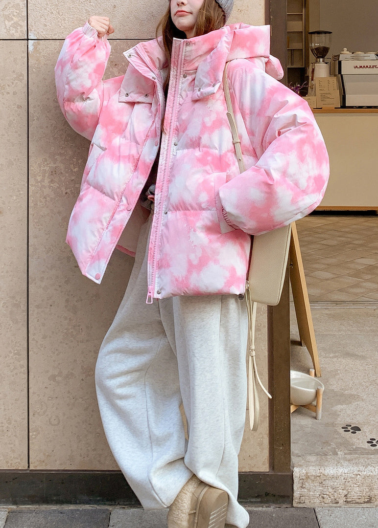 Chic Pink Hooded Tie Dye Fine Cotton Filled Jackets Winter