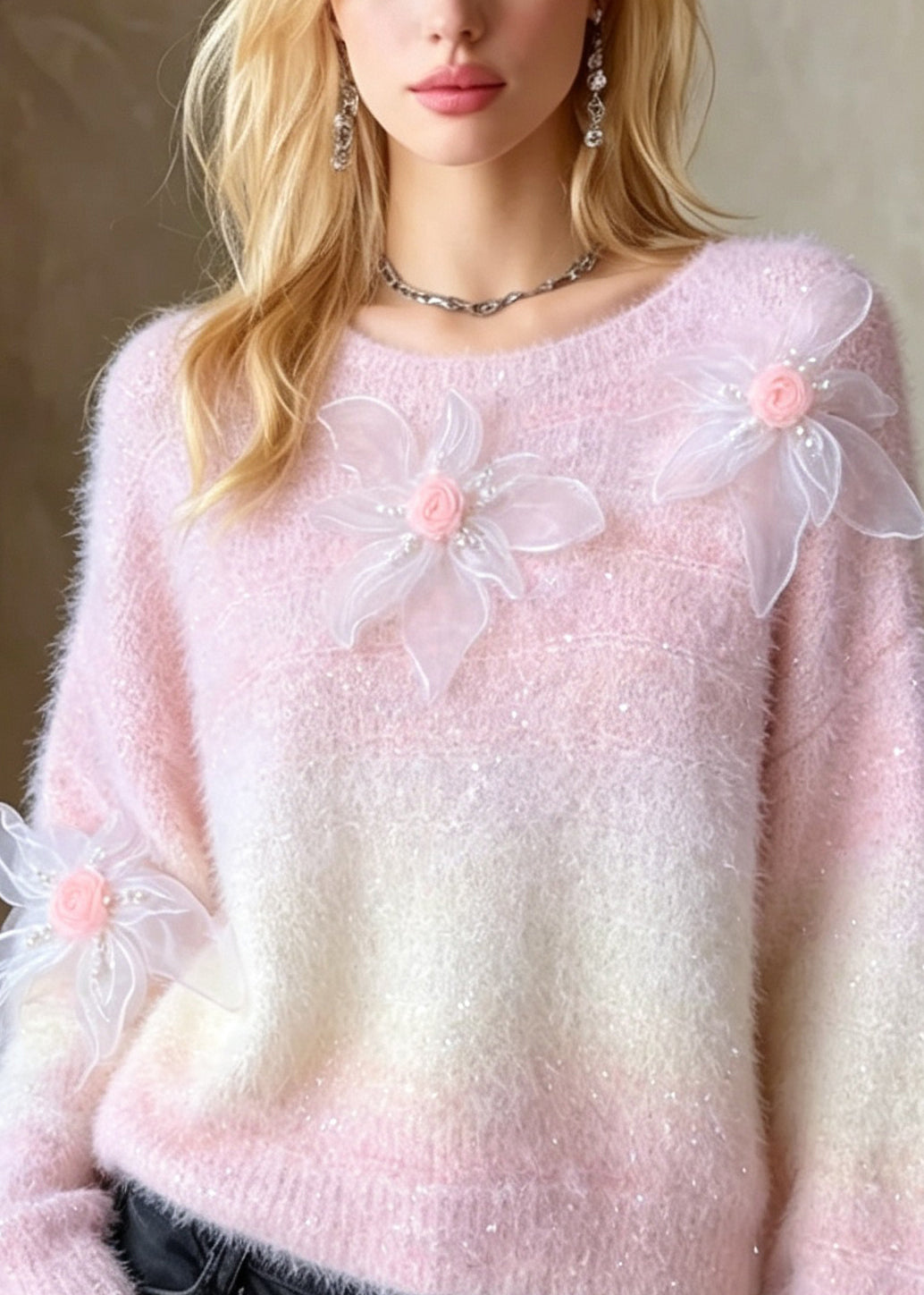 Chic Pink O Neck Floral Nail Bead Knit Sweaters top Fall