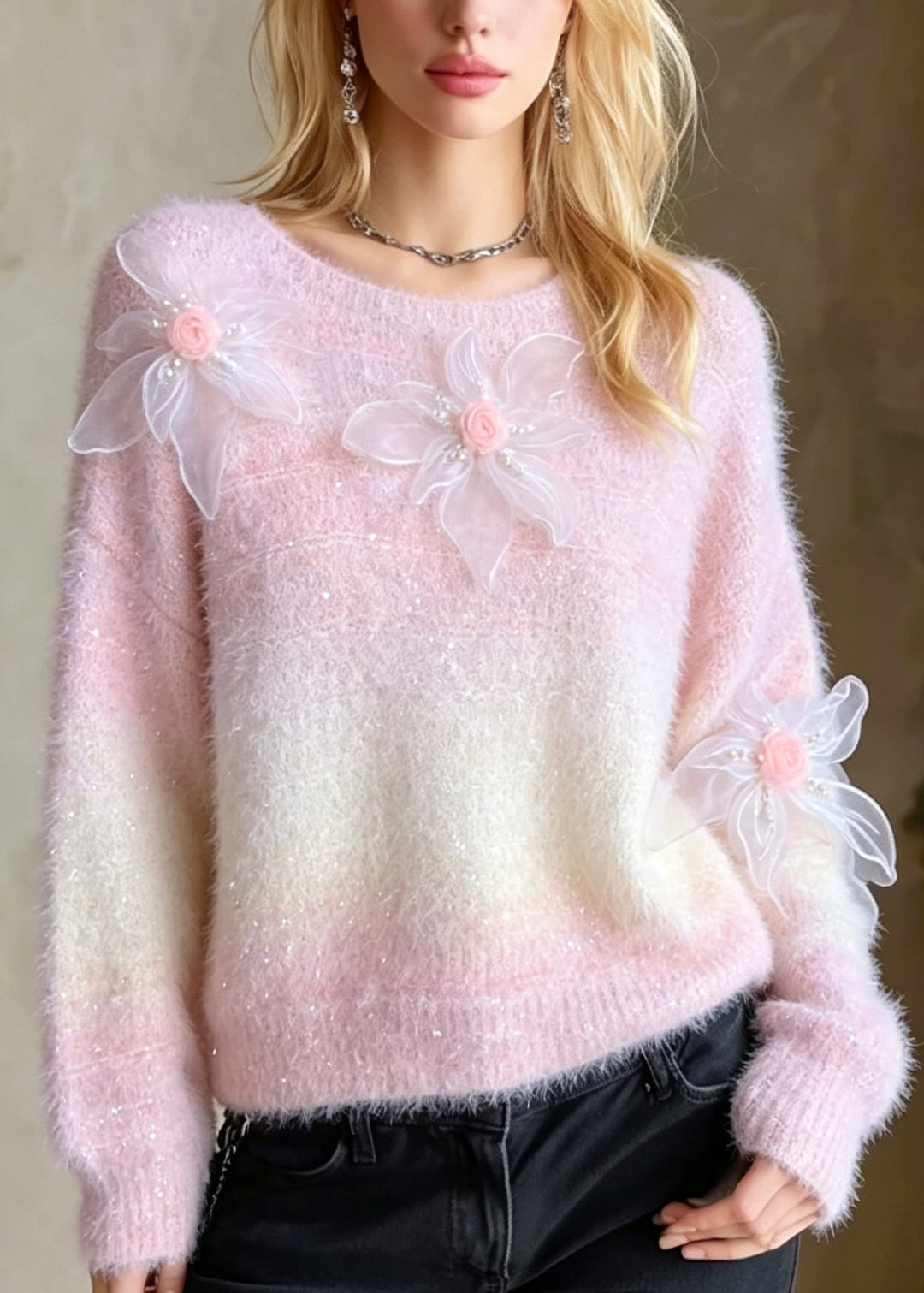 Chic Pink O Neck Floral Nail Bead Knit Sweaters top Fall