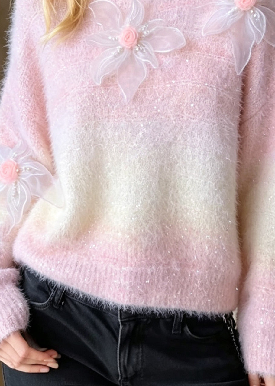 Chic Pink O Neck Floral Nail Bead Knit Sweaters top Fall