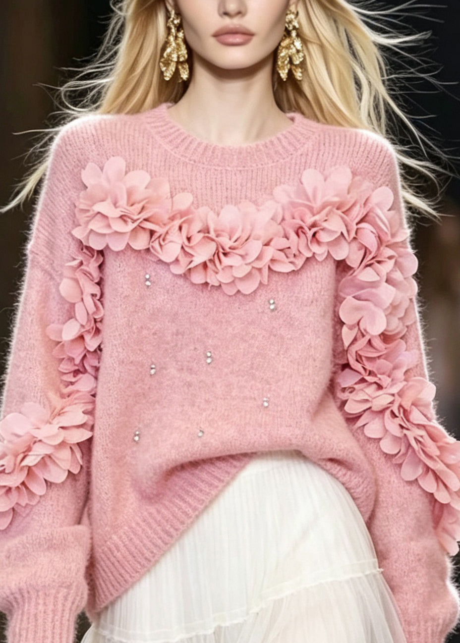 Chic Pink O Neck Thick Floral Zircon Knit Pullover Fall