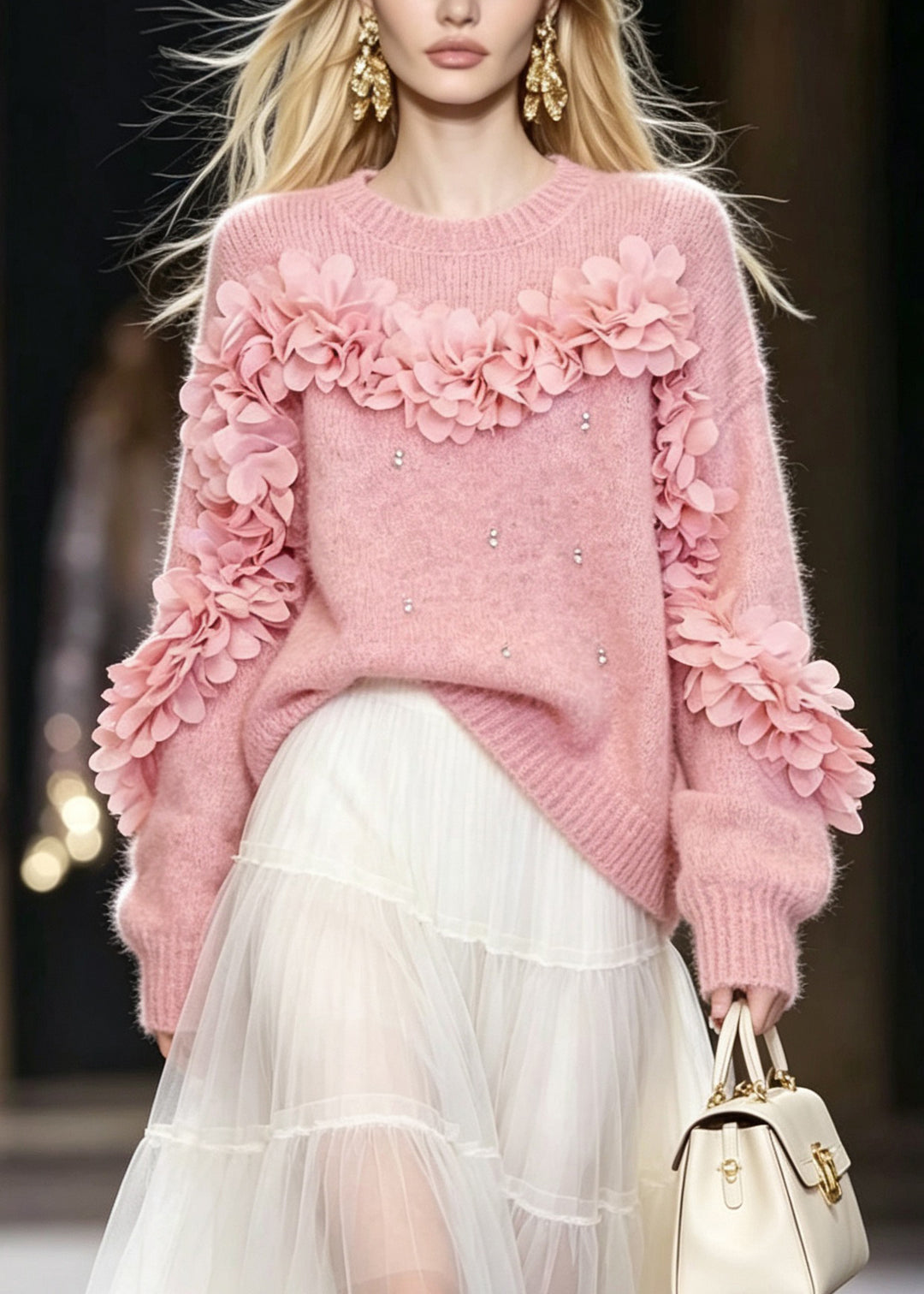 Chic Pink O Neck Thick Floral Zircon Knit Pullover Fall