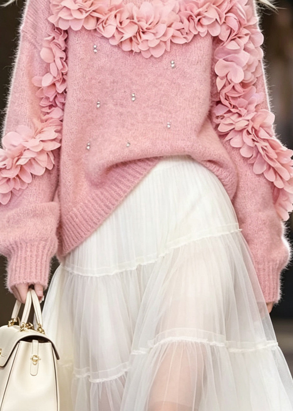 Chic Pink O Neck Thick Floral Zircon Knit Pullover Fall