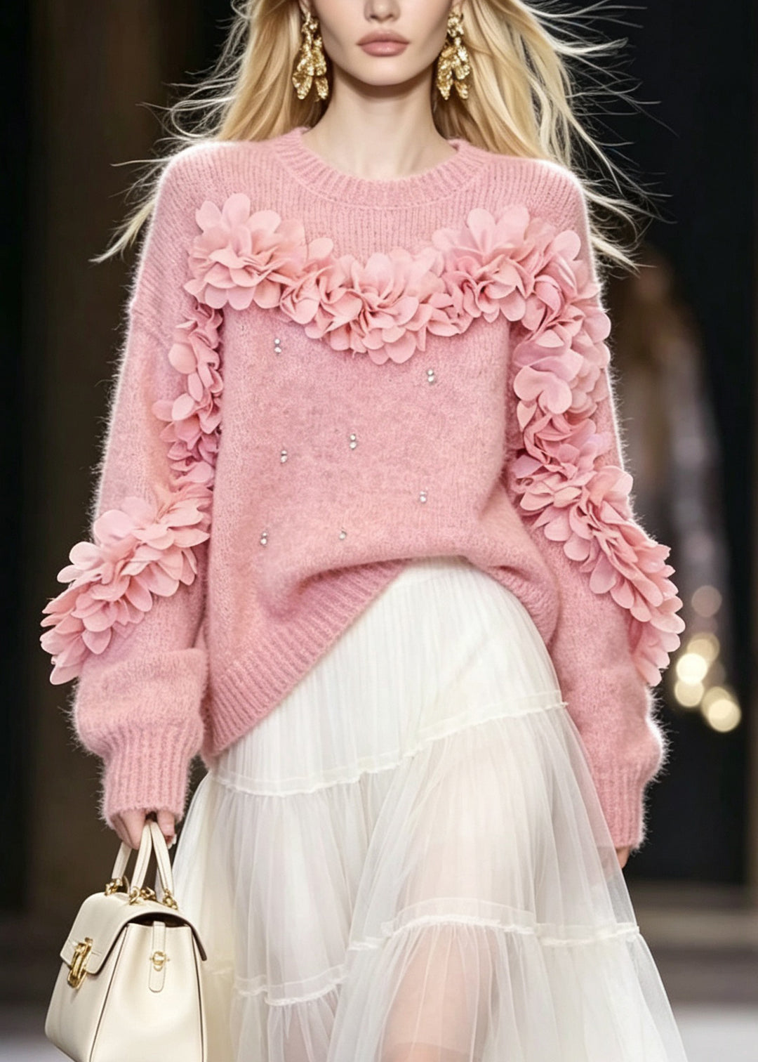 Chic Pink O Neck Thick Floral Zircon Knit Pullover Fall
