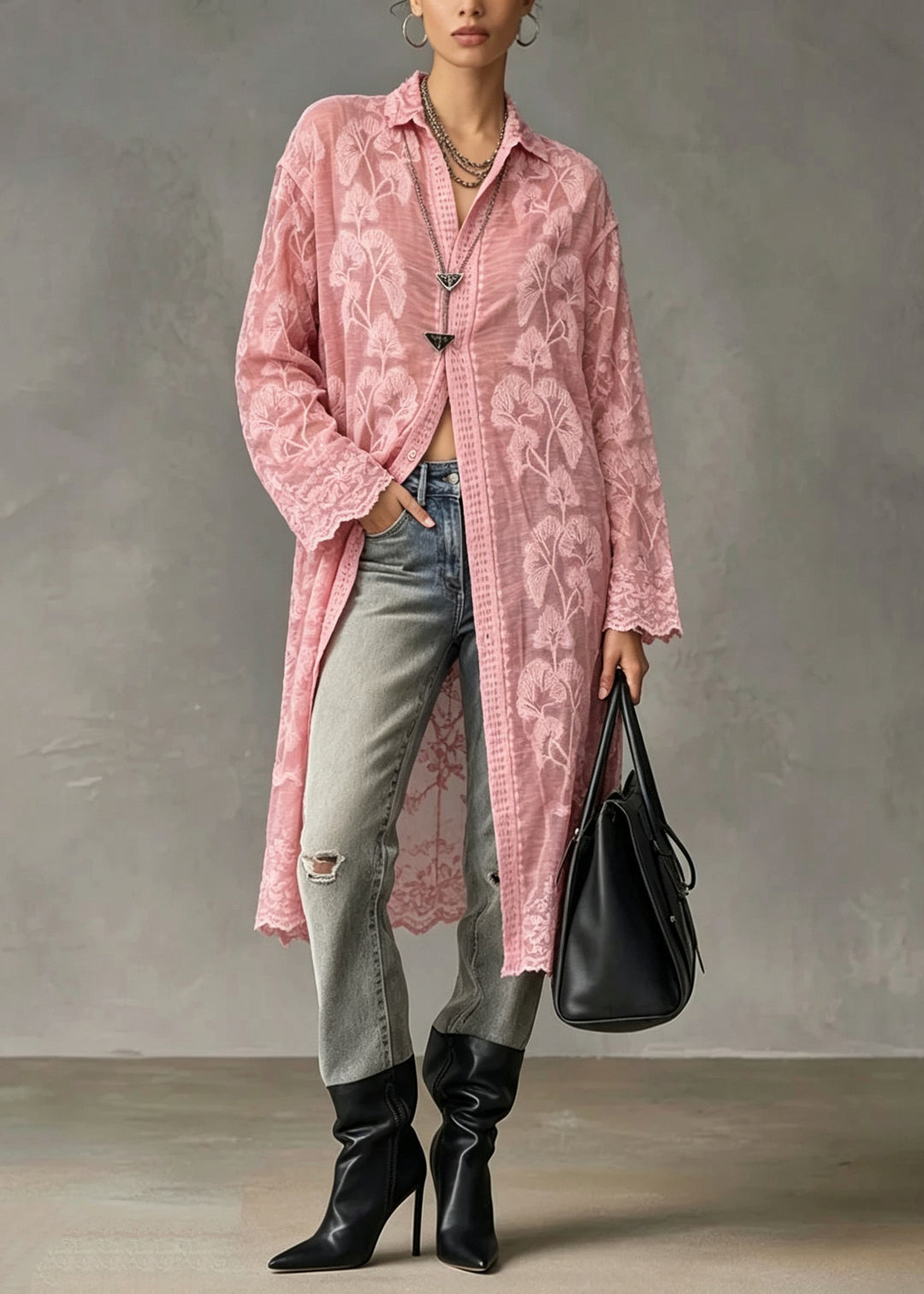 Chic Pink Peter Pan Collar Embroidered Lace Shirt Tops Long Sleeve