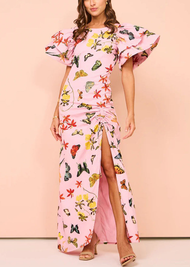 Chic Pink Print Lace Up Side Open Cotton Dresses Butterfly Sleeve - Omychic