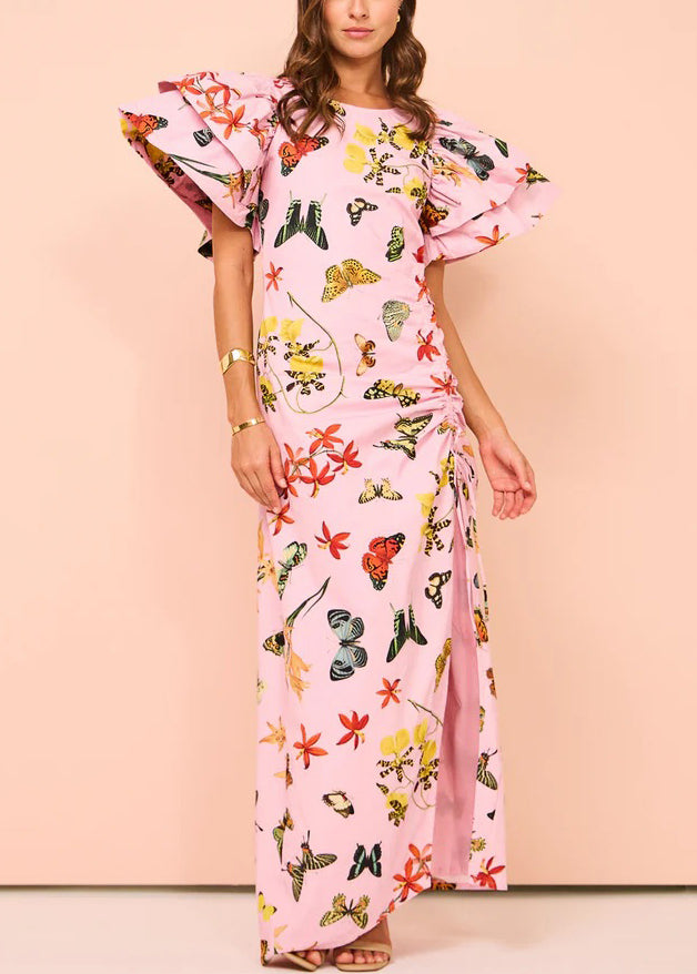 Chic Pink Print Lace Up Side Open Cotton Dresses Butterfly Sleeve - Omychic
