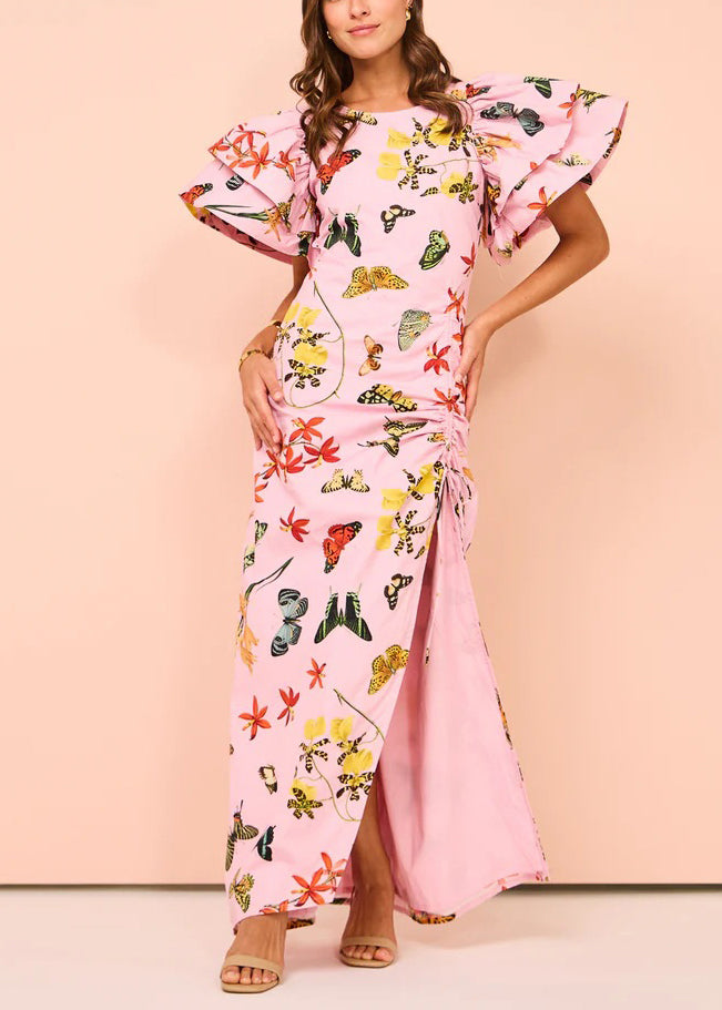 Chic Pink Print Lace Up Side Open Cotton Dresses Butterfly Sleeve - Omychic