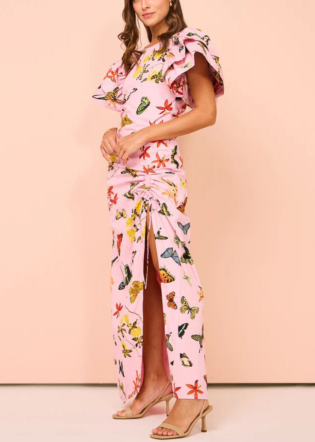 Chic Pink Print Lace Up Side Open Cotton Dresses Butterfly Sleeve - Omychic