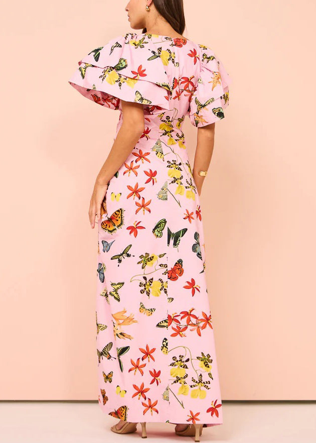 Chic Pink Print Lace Up Side Open Cotton Dresses Butterfly Sleeve - Omychic