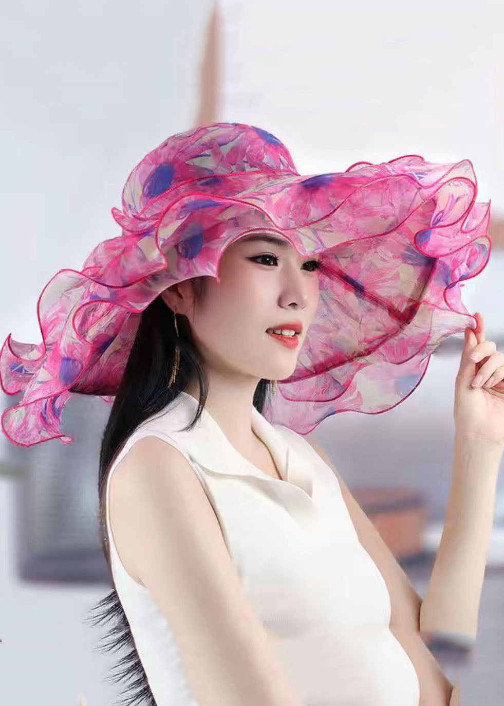 Chic Pink Print Organza Floppy Sun Hat