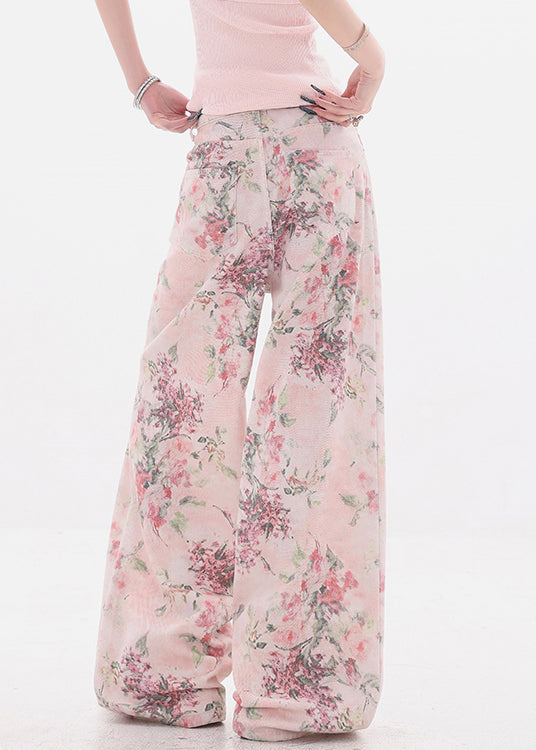Chic Pink Print Pockets High Waist Denim Wide Leg Pants Fall