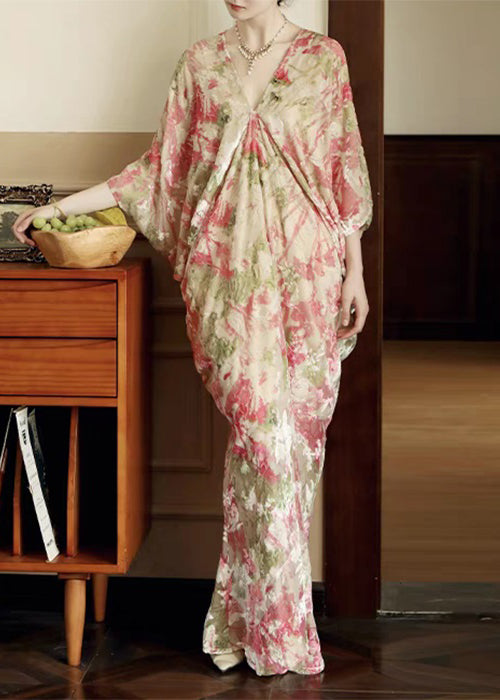 Chic Pink Print Wrinkled Silk Maxi Dresses Batwing Sleeve