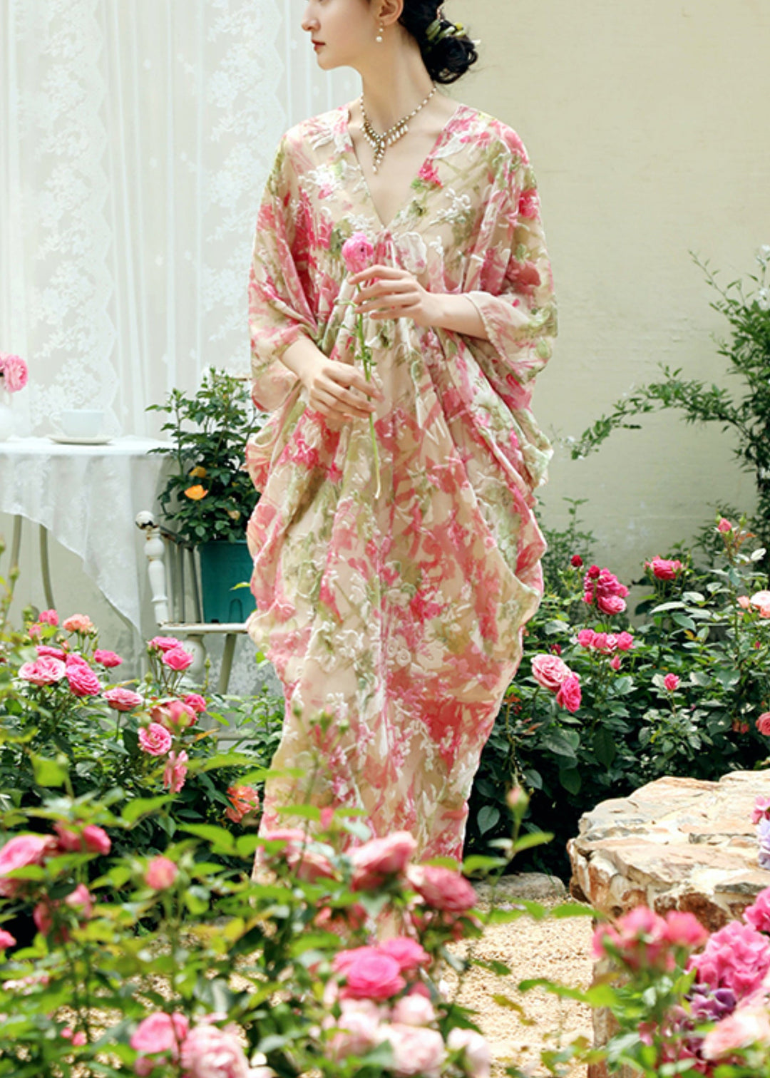 Chic Pink Print Wrinkled Silk Maxi Dresses Batwing Sleeve