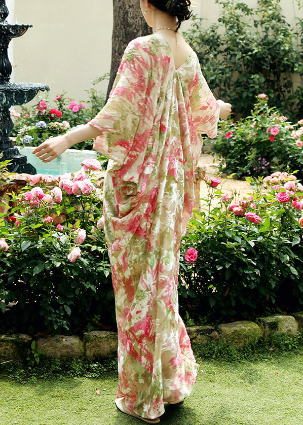 Chic Pink Print Wrinkled Silk Maxi Dresses Batwing Sleeve