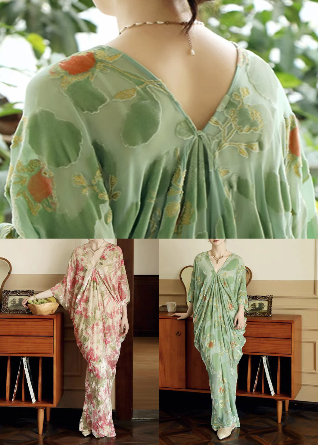 Chic Pink Print Wrinkled Silk Maxi Dresses Batwing Sleeve