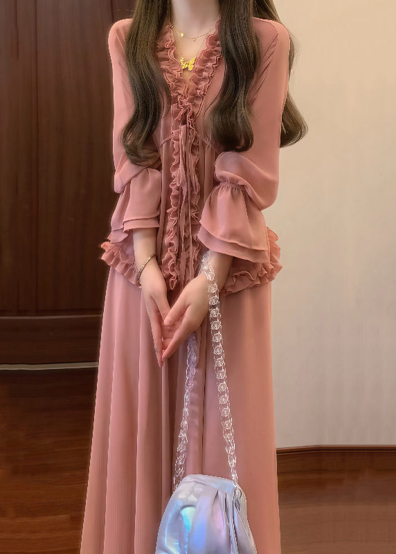 Chic Pink Ruffled Lace Up Shirt And Skirts Chiffon Two Pieces Set Fall