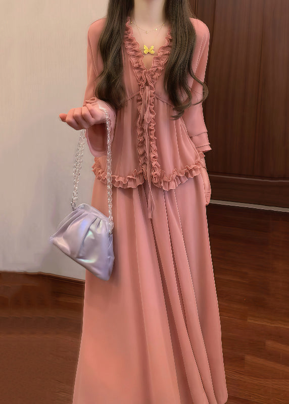 Chic Pink Ruffled Lace Up Shirt And Skirts Chiffon Two Pieces Set Fall